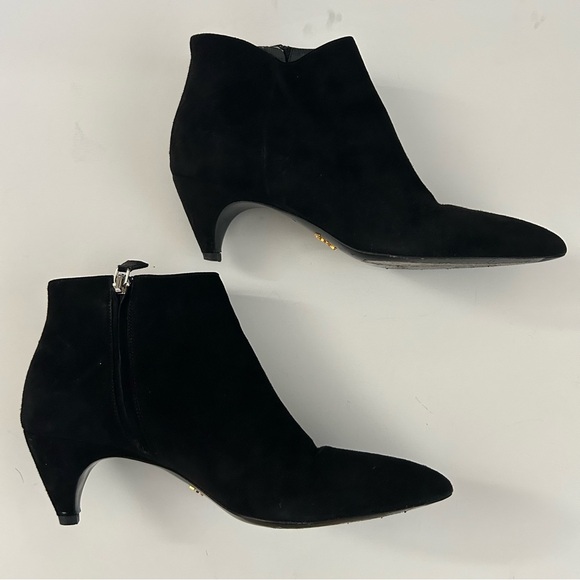 Prada Black Leather Suede ankle side zip kitten cone heel booties Boots size 7 - Picture 2 of 13